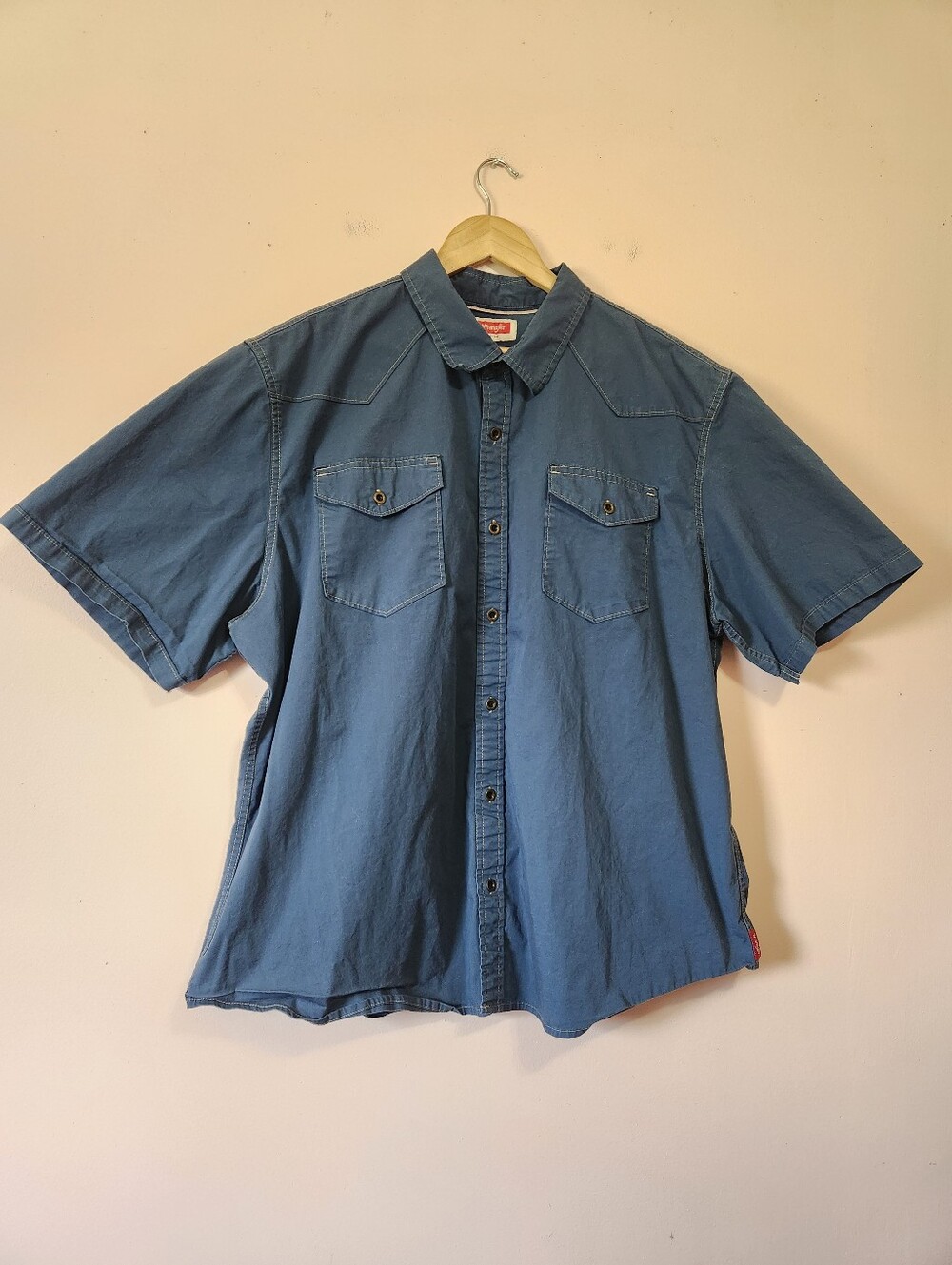 Wrangler Mens Western Pearl Snap Short Sleeve Shirt Blue Stretch 2XL Like New